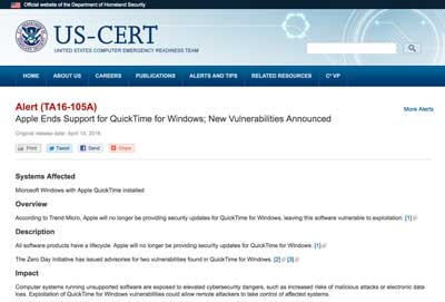 US-CERTアップルQuickTimeサポート終了
