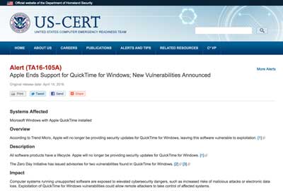 US-CERTアップルQuickTimeサポート終了